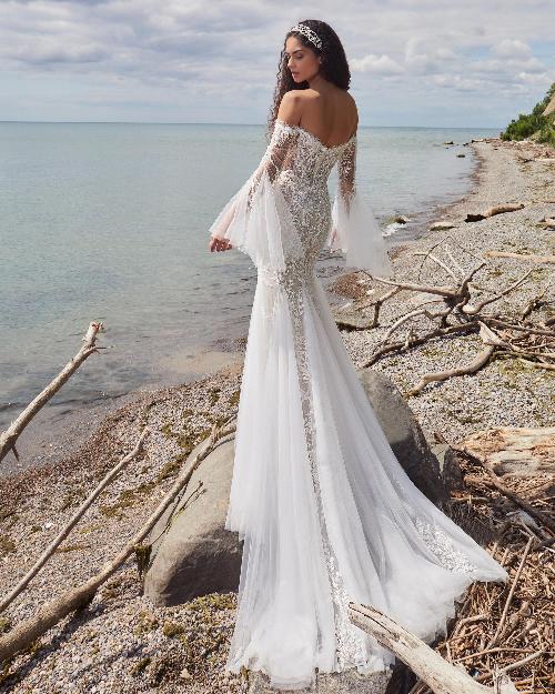 La24124 beaded mermaid wedding dress with bell sleeves and sweetheart neckline1